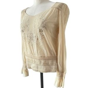 Vivienne Tam Vintage 90s Top Sheer Nylon Blouse Cream Floral Smocked Size 3